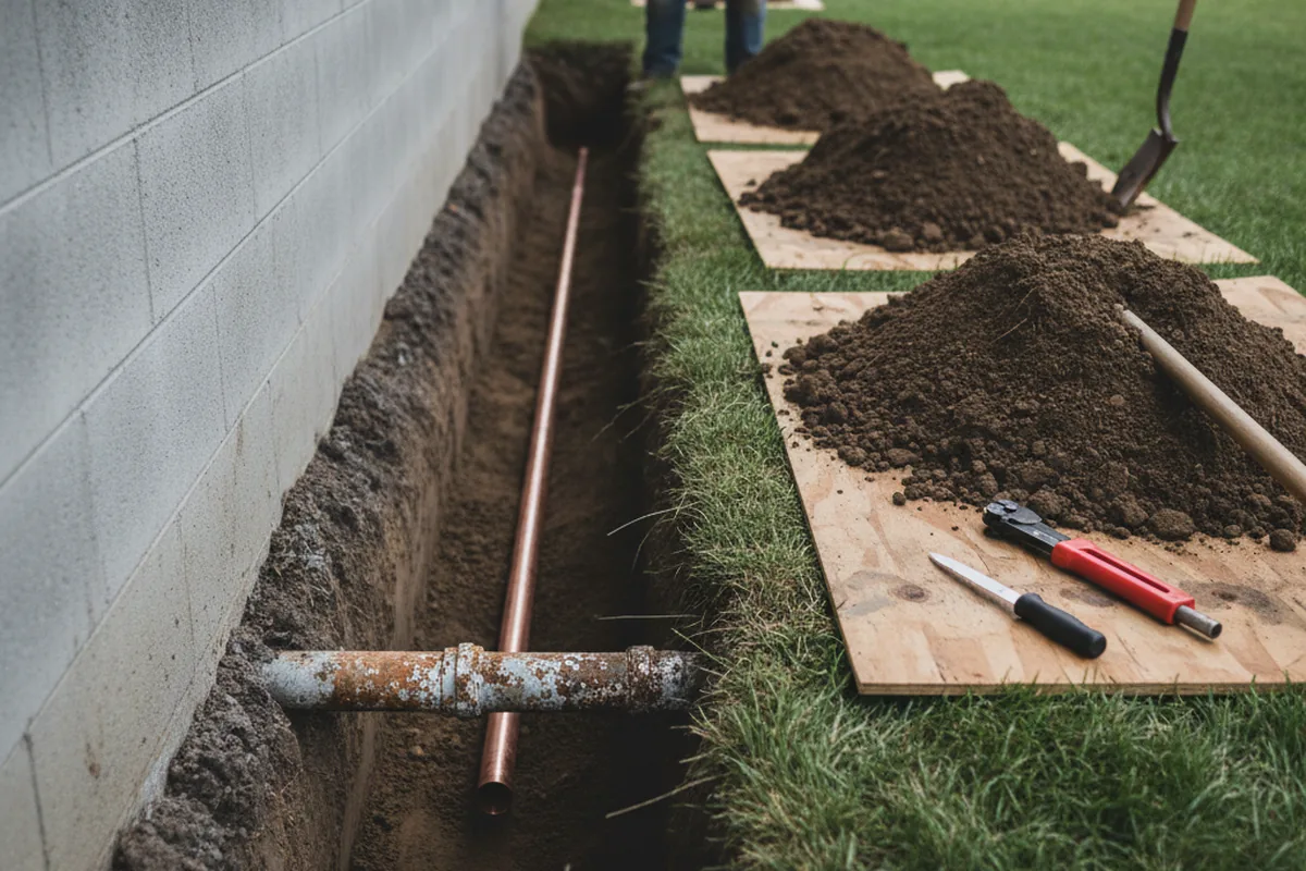 Excavated water line trench during Sewer Line Repair in Dennis